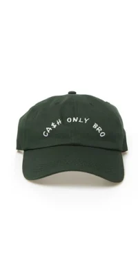 Dark green baseball cap with white text.