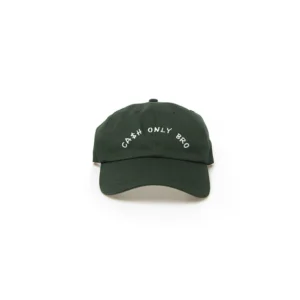 Dark green baseball cap with white text.