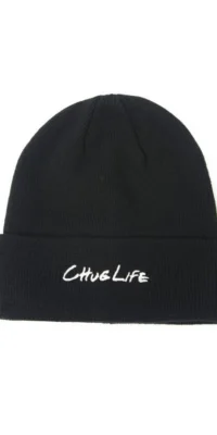 Black cuffed knit beanie with white script