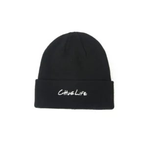 Black cuffed knit beanie with white script