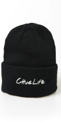 Black beanie hat with white "ChroLife" embroidery on cuff.