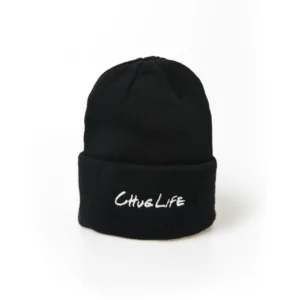Black beanie hat with white "ChroLife" embroidery on cuff.