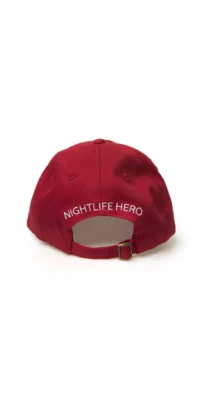 Back view of a red baseball cap with adjustable strap.
