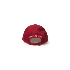 Back view of a red baseball cap with adjustable strap.