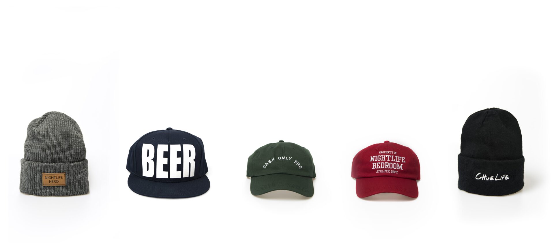 Three baseball caps with different text and colors on a white background.